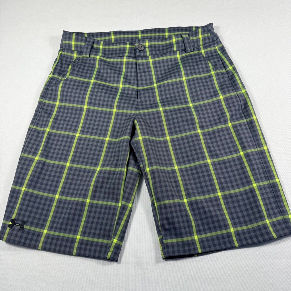 Under Armour Golf Shorts Youth XL Grey Neon Yellow Plaid HeatGear Loose Fit